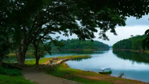 A tranquil lake in Kerala with a pathway and a boat, offering a peaceful experience in Kerala tour packages